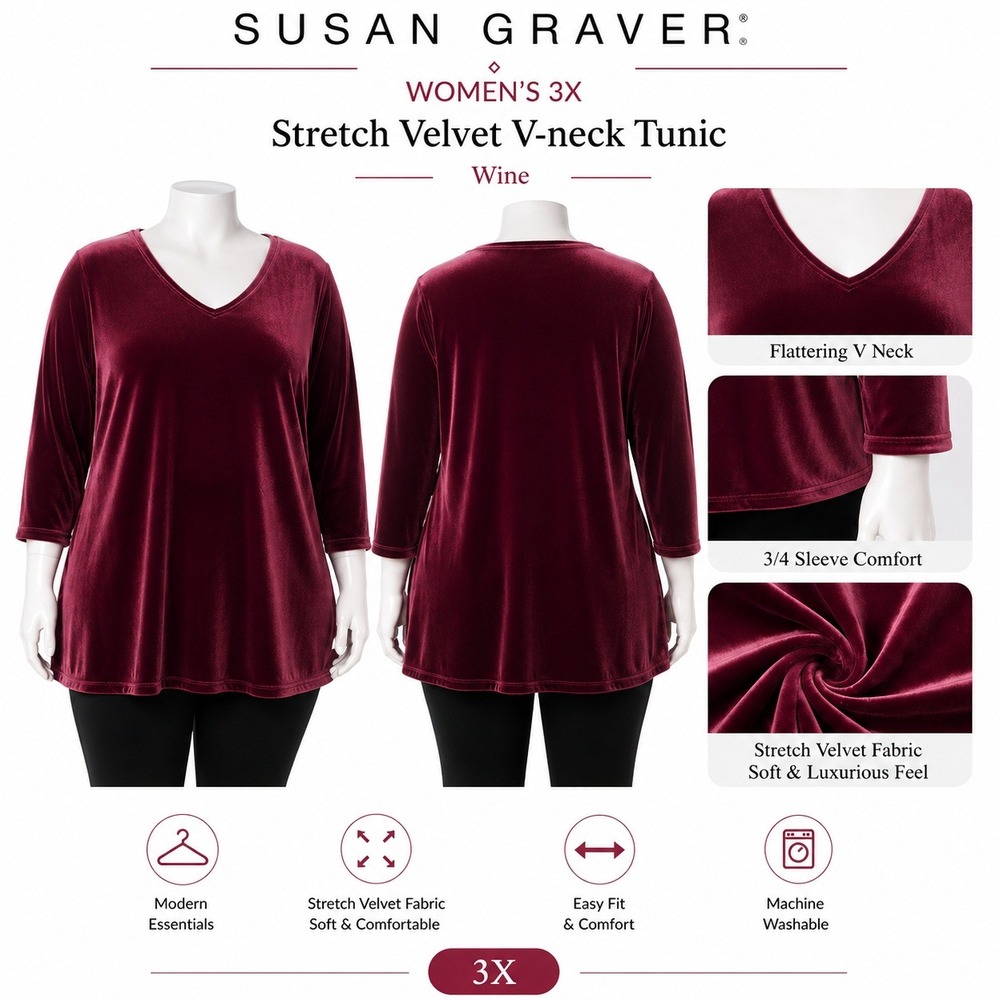Susan Graver Womens 3X Wine Stretch Velvet V-Neck Tunic 3/4 Sleeve Top